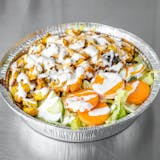 Chicken Over Rice with Salad & Can Soda